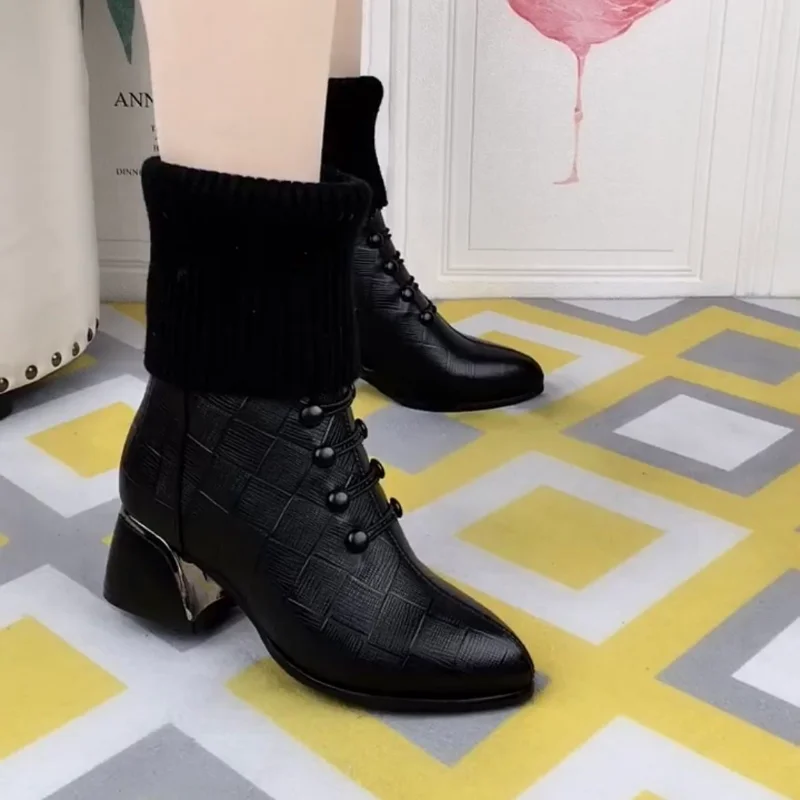 New Style Short Boots Women Stitching Knitted Stretch Boots Retro Martins Boots Women Socks Shoes Stretch All-match Thin Botas