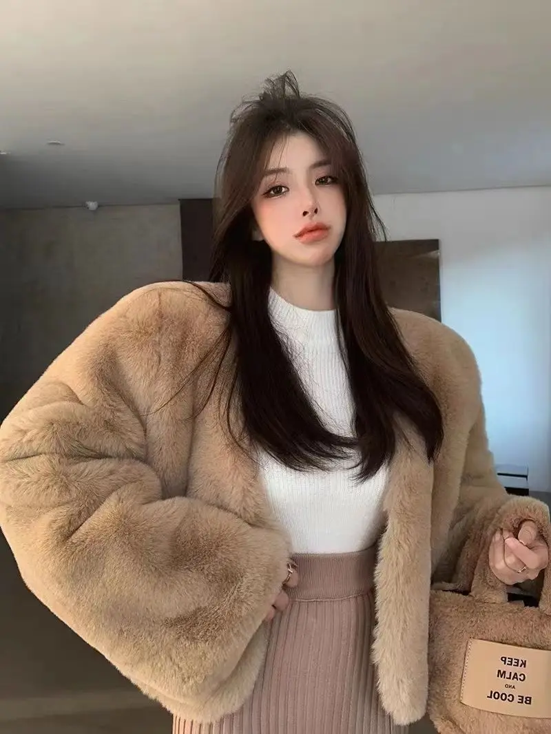 New Autumn Winter Jacket Women Double Faced Fur Solid Pockets Loose Office Lady Short Faux Fur Coat Fashion Tops Famale Clothing
