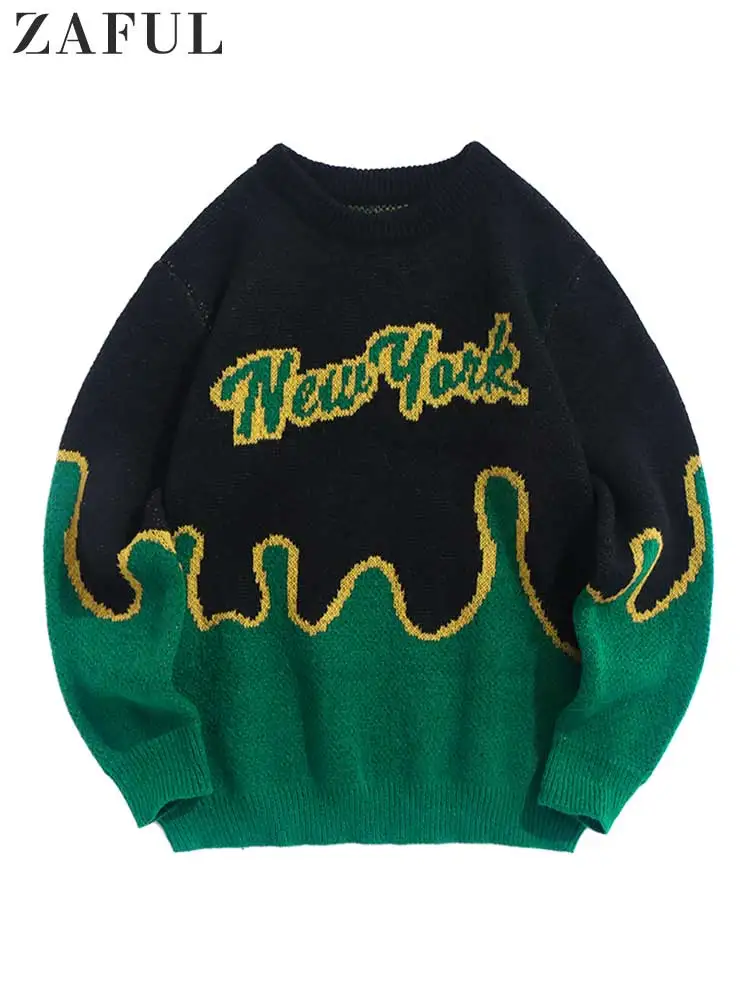 

ZAFUL Sweater for Men Colorblock New York Pattern Y2K Streetwear Knit Pullovers Long Sleeves Fall Winter Warm Jumper Knitwear
