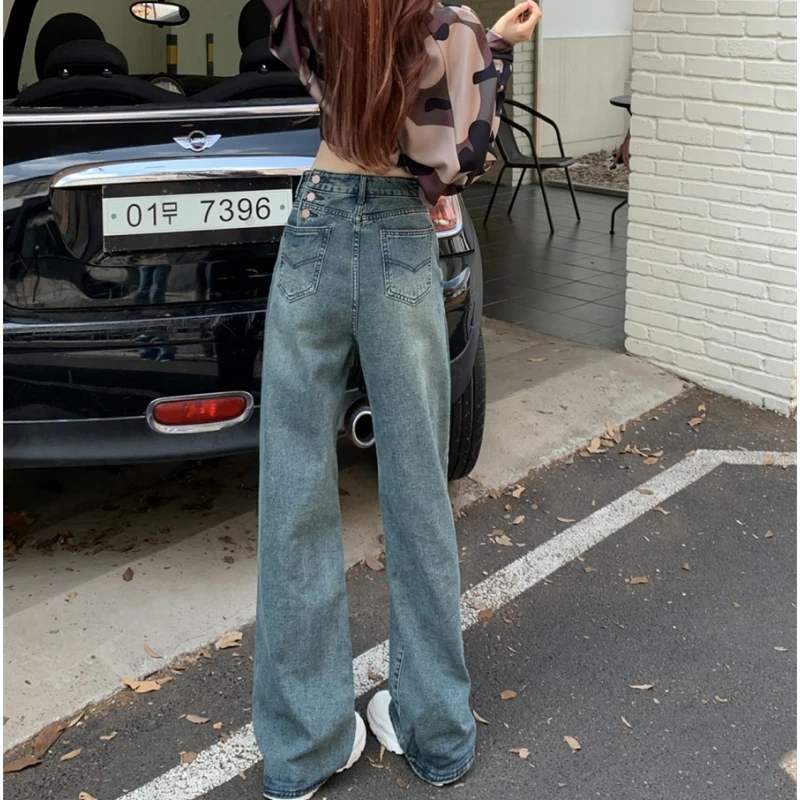 

Винтажные синие женские джинсы с высокой талией и пряжкой, американская мода, уличная одежда, стильные женские брюки с широкими штанинами, мешковатые прямые джинсовые брюки
