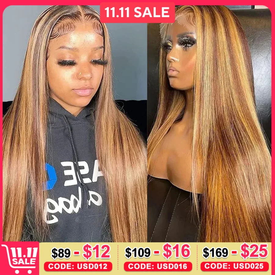 427 хайлайтер коричневый прямой кружевной передний парик 13x6 4x4 человеческие