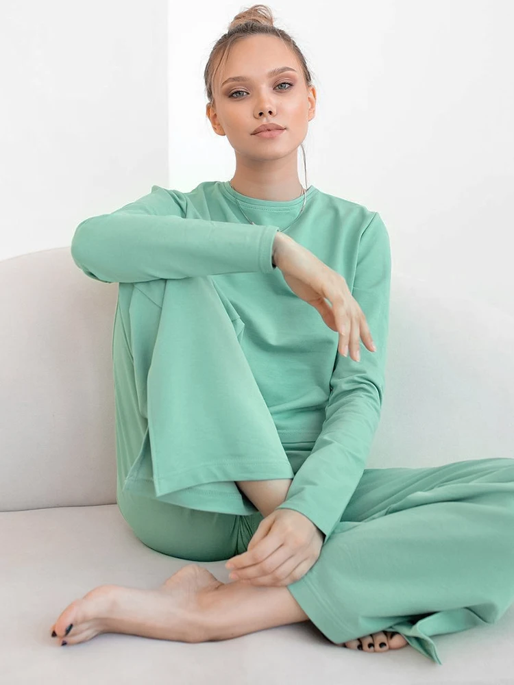 

Linad Chic Women's Home Clothes 2 Piece Sets Knitted Long Sleeve O Neck Sleepwear Female Casual Trouser Suits Split Autumn Solid