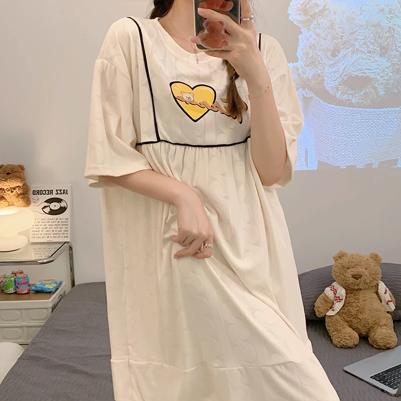 Summer Women Nightgown Pajamas Cartoon Love Print Nightdress Cute Sleepwear Girl Pijamas Mujer Night Wears For Women Homewear