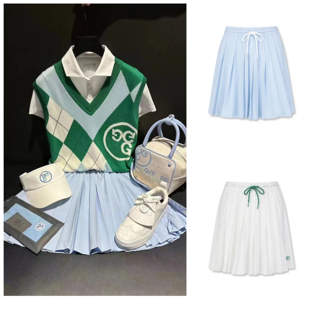 

Korean Golf White Skirt for Women Summer Pleated Half Baby Blue Skirt Tennis Shorts Skirt Elastic Waist Drawstring Skirt Pants
