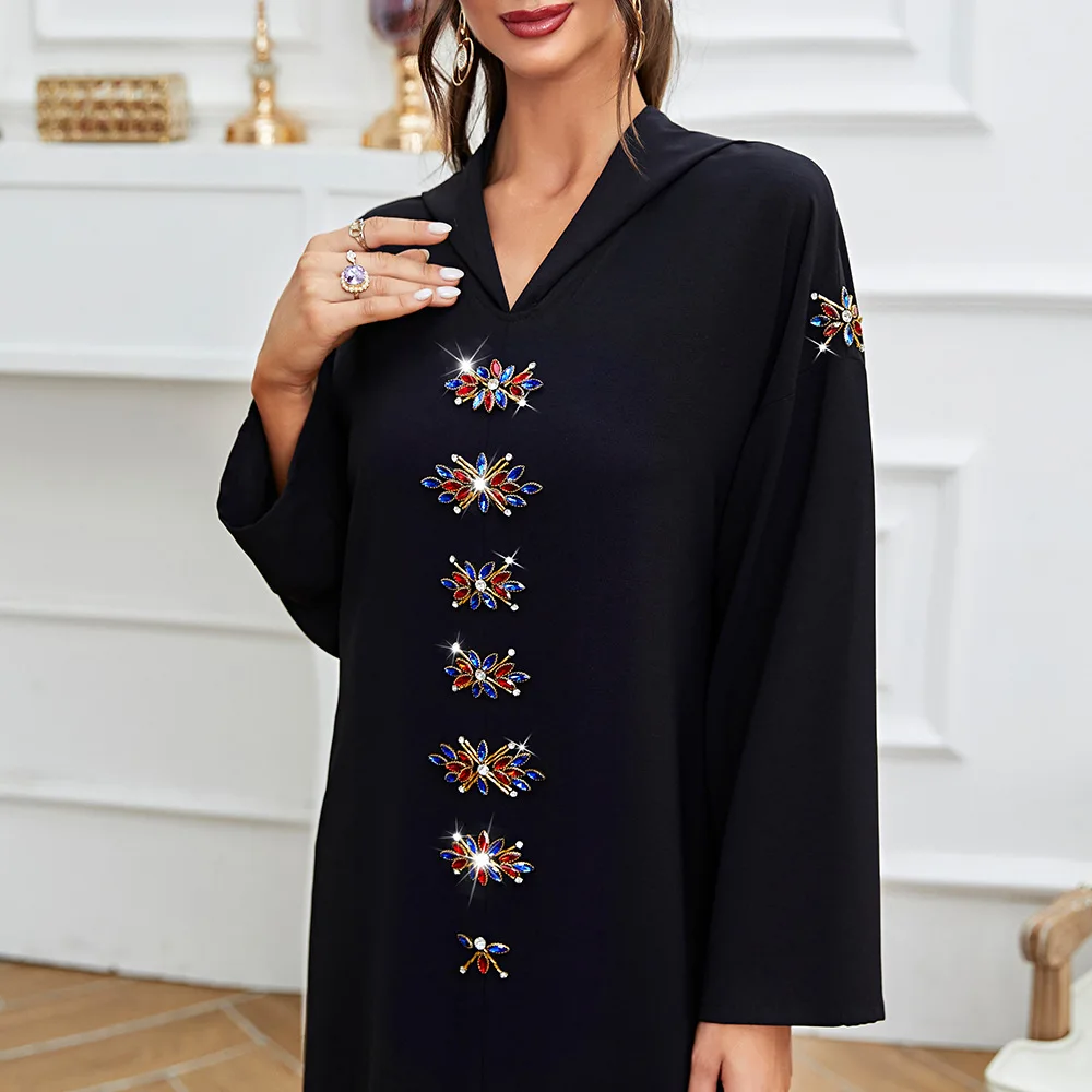 Black Abayas For Women Diamonds Hooded Robe Middle East Arabic Ramadan Abaya Muslim Dress Robe Femme Musulmane