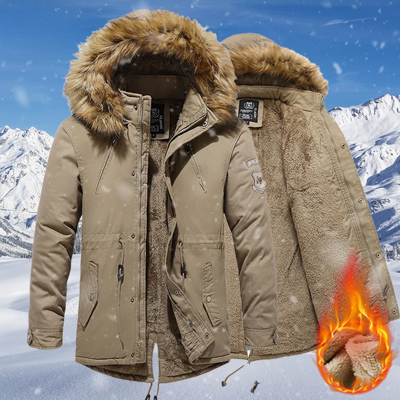 2022 Thicken Mens Winter Coat Hooded Fleece Liner Warm Casual Men Parka Jacket Windproof Outdoor Clothing Fur Collar Overcoat