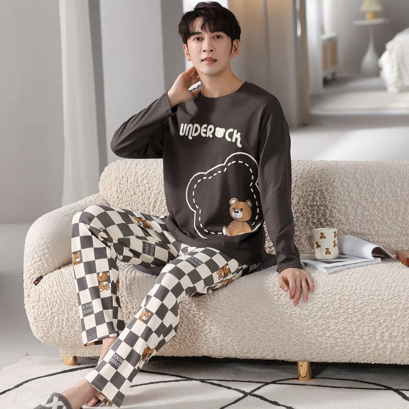 Yasuk Spring Autumn Fashion Women's Casual Soft Cotton Sleepwear Homewear Couple Pajamas Set With Pants Plaid Bear Couple Unisex
