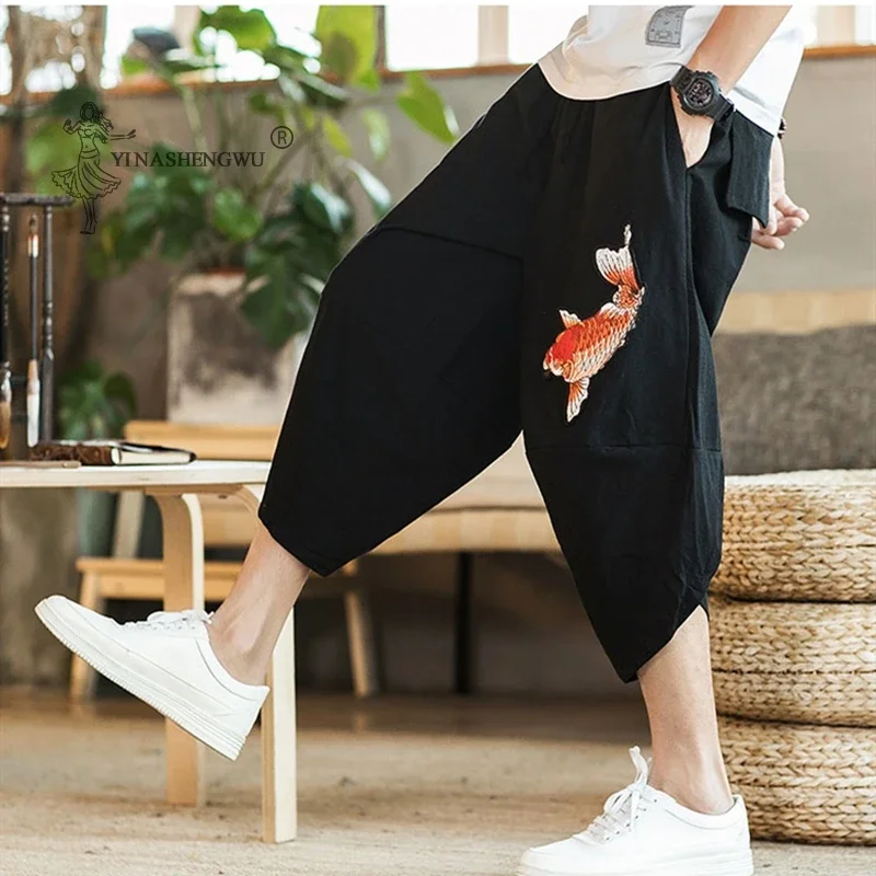 Летние мужские кимоно с карпом в японском стиле Harajuku Yukata Beam Feet Harem Pants Молодежные