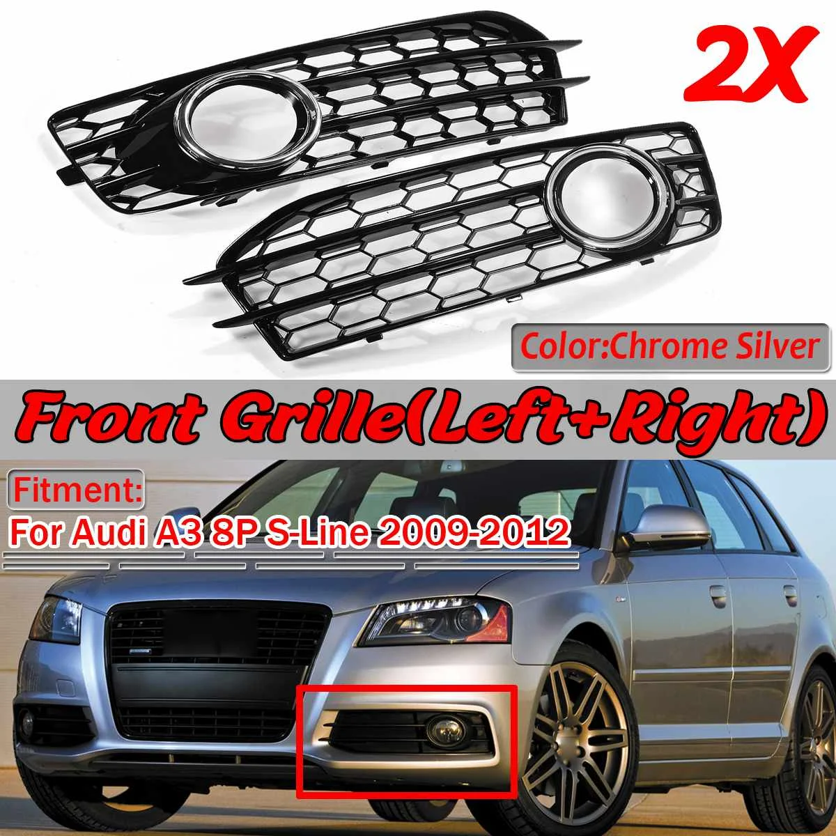 

2pcs HONEYCOMB HEX Car Front Fog Light Grill Cover HONEYCOMB Fog Lamp Grille Grill For Audi A3 8P S-Line 2009-2012 8P0807682