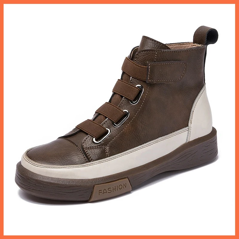 

Fashion Casual Color Matching Front Tie Women winter Shoes Flat Genuine Leather 2022 Antique Ladies Boots Trend Girl Shoes