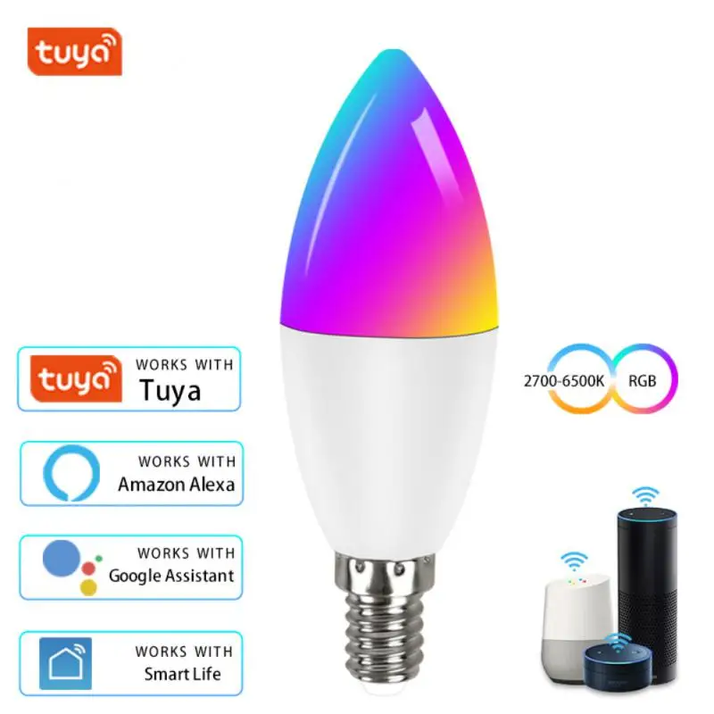 

Tuya Smart Wifi LED Bulb E14 RGB CW Dimmable LED Lamp Voice Control Bulb 5W 7W 9W Candle Work With Alexlexa Google Home Dimmable