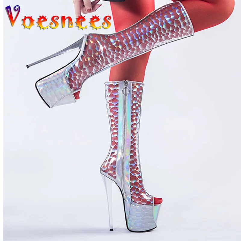 

PVC Transparent Woman Booties Super High Heel Waterproof Platform Fashion Mid-Calf Boots Sexy Fish Mouth Club Laser Crystal Shoe