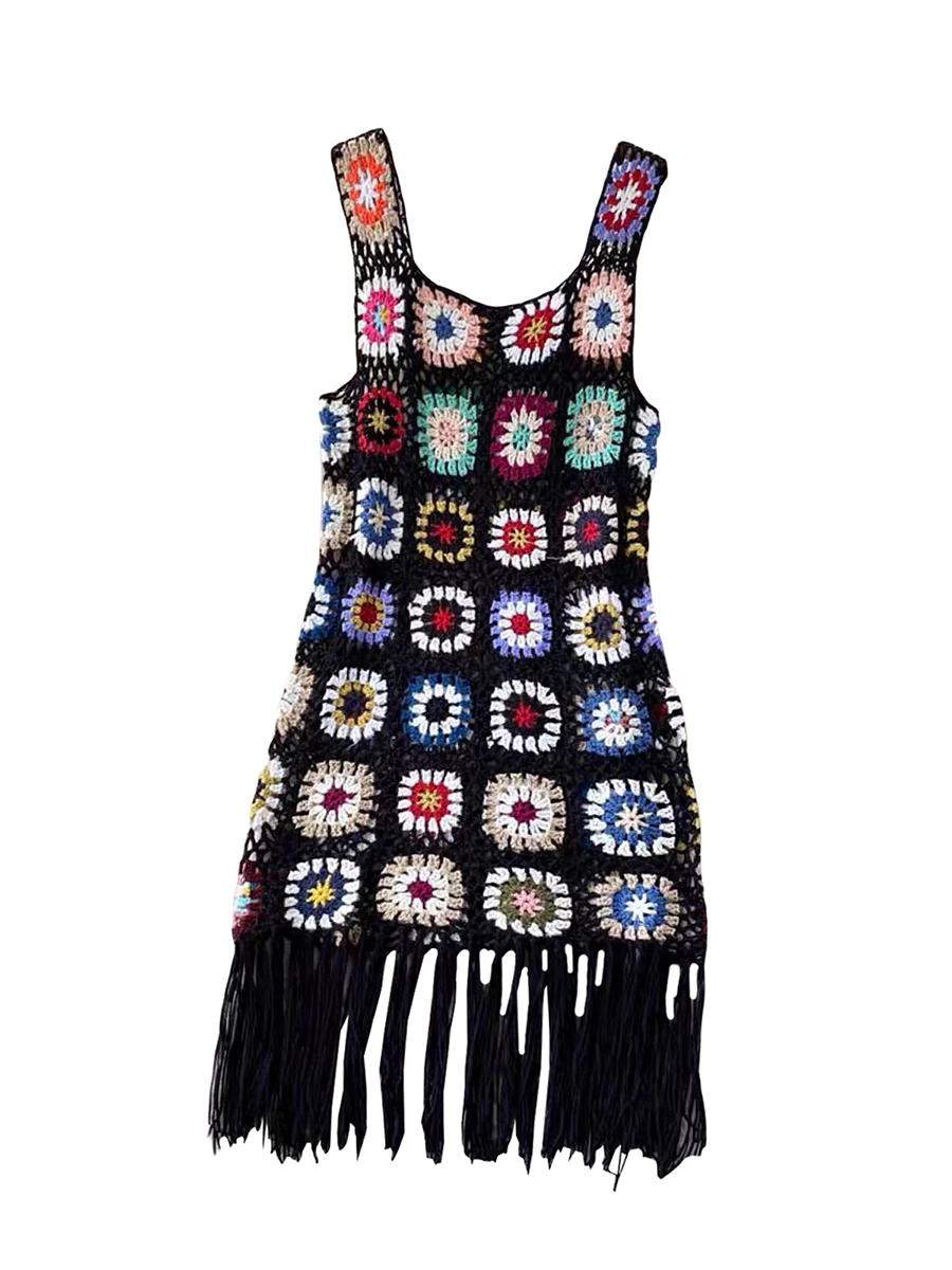 

Женское мини-платье с бахромой, ажурное бикини, накидки без рукавов, красочный пляжный сарафан в стиле пэчворк Y2k