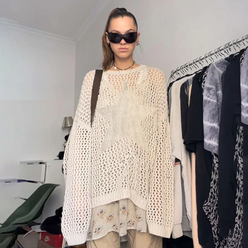 

Spring Summer Women Thin Sweater Casual Distressed Crochet Star Pullovers Female Oversized Knitwear Mesh Crewneck Smock Tops