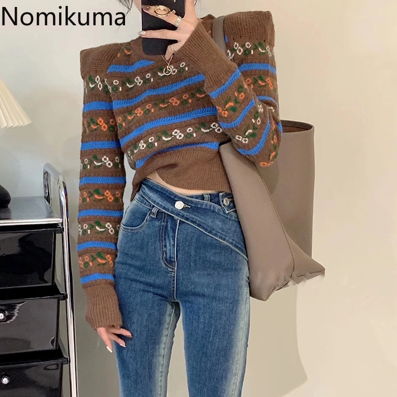 

Nomikuma Pull Femme Hiver 2022 с пышными рукавами и цветочным принтом, вязаный пуловер с высокой талией, Женский винтажный элегантный Модный женский свит...