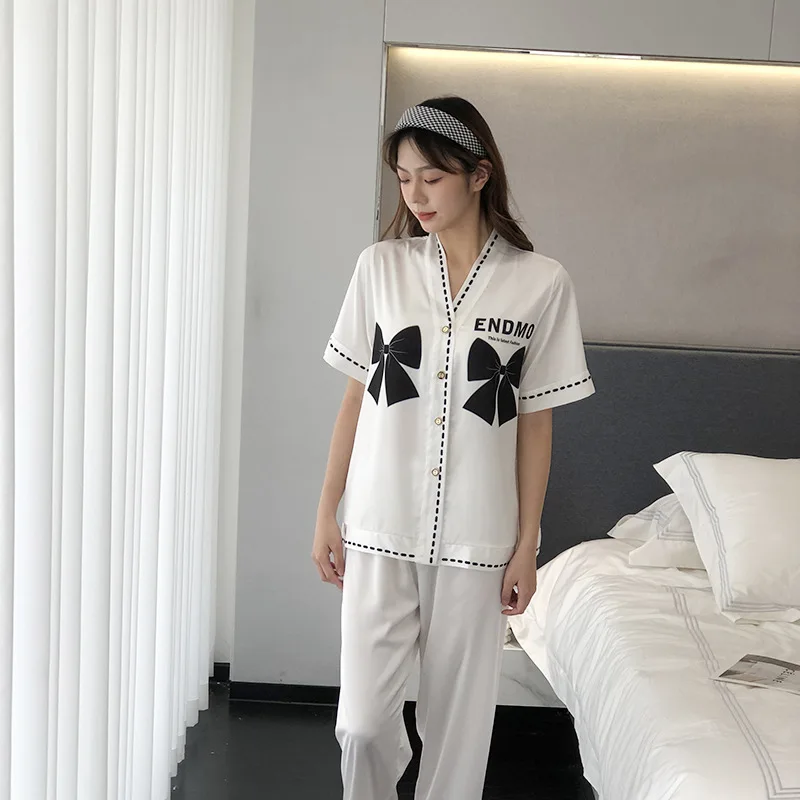 New pajamas women summer ice silk long-sleeved cardigan suit spring and autumn thin section plus size trousers home service
