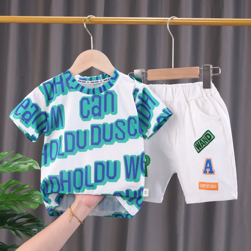 

2022 Summer Toddler Boys Cool Printing Clothes Sets Baby Girls Letter Short Sleeve T-shirt+Shorts Casual Outfits Kids Tracksuit