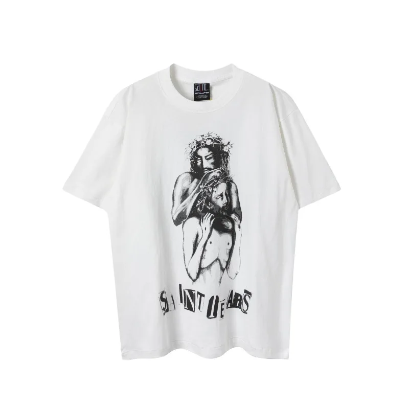 

Saint Michael Portrait Letter Slogan Printed Old Short Sleeve American Casual Loose Men's and Women's Pure Cotton T-shirt
