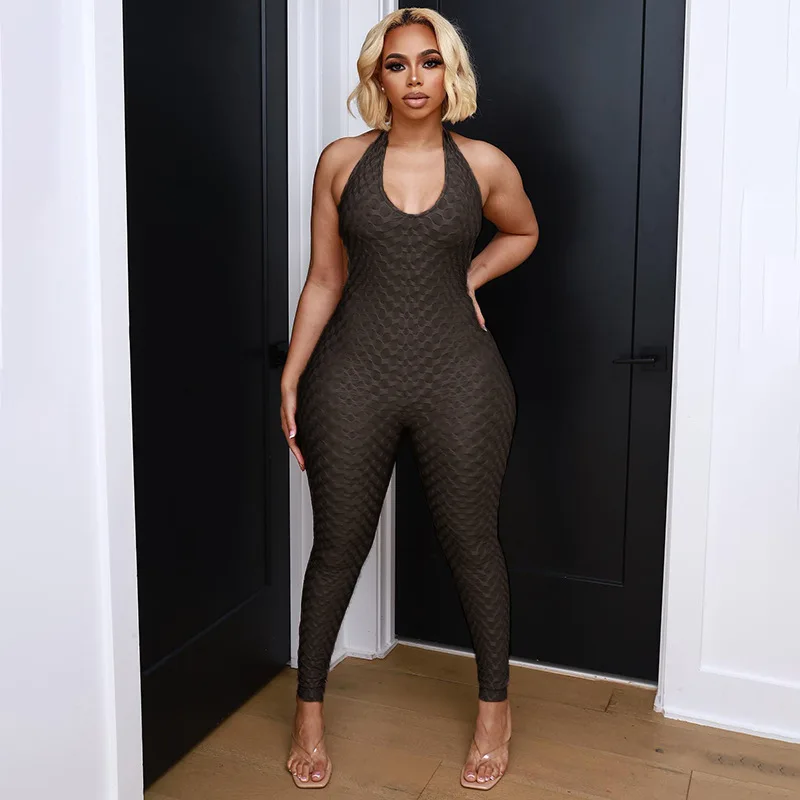 

FTS High Quality Women Jumpsuit Sexy Backless Tie Rope Low Chest Sleeveless Bodycon Workout Sport Romper Long Jumpsuit