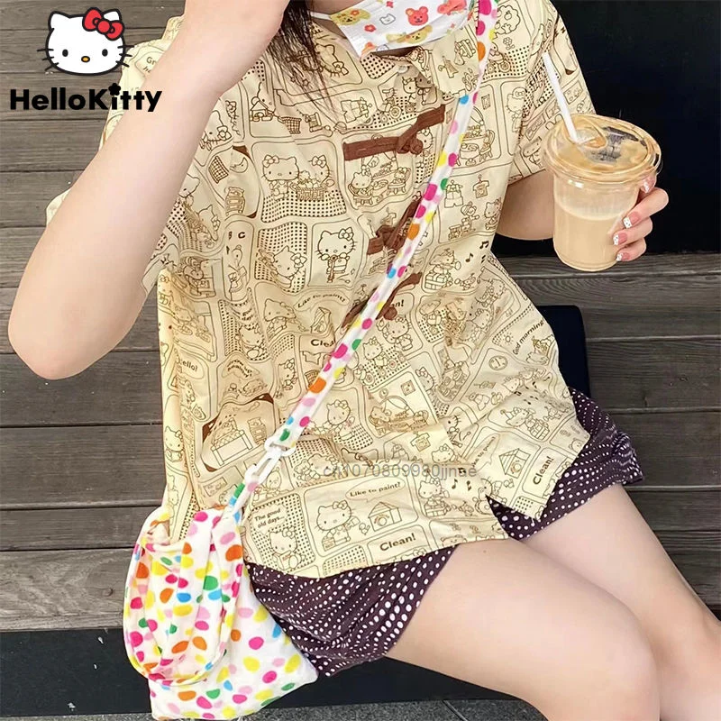 Sanrio Hello Kitty Loose Casual Blouse Y2k Girl New Summer Fashion Printed T Shirts Y2k Cartoon Clothes Top Tees Harajuku Shirt