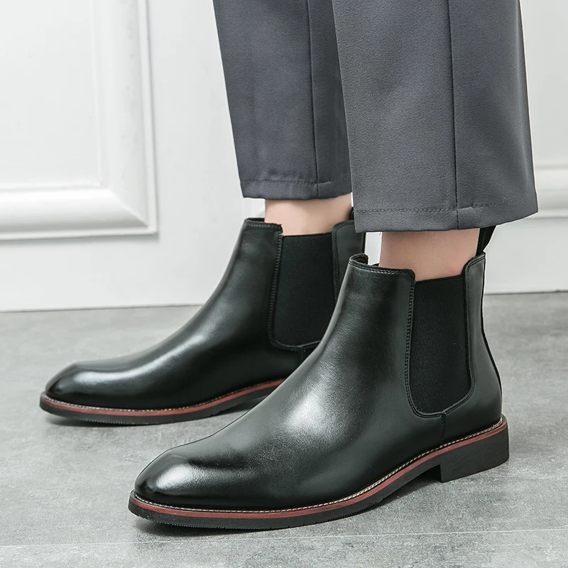 

Brown Chelsea Boots Men Business Black Round Toe Slip-On Solid Men's Formal Boots Free Shipping Size 38-46