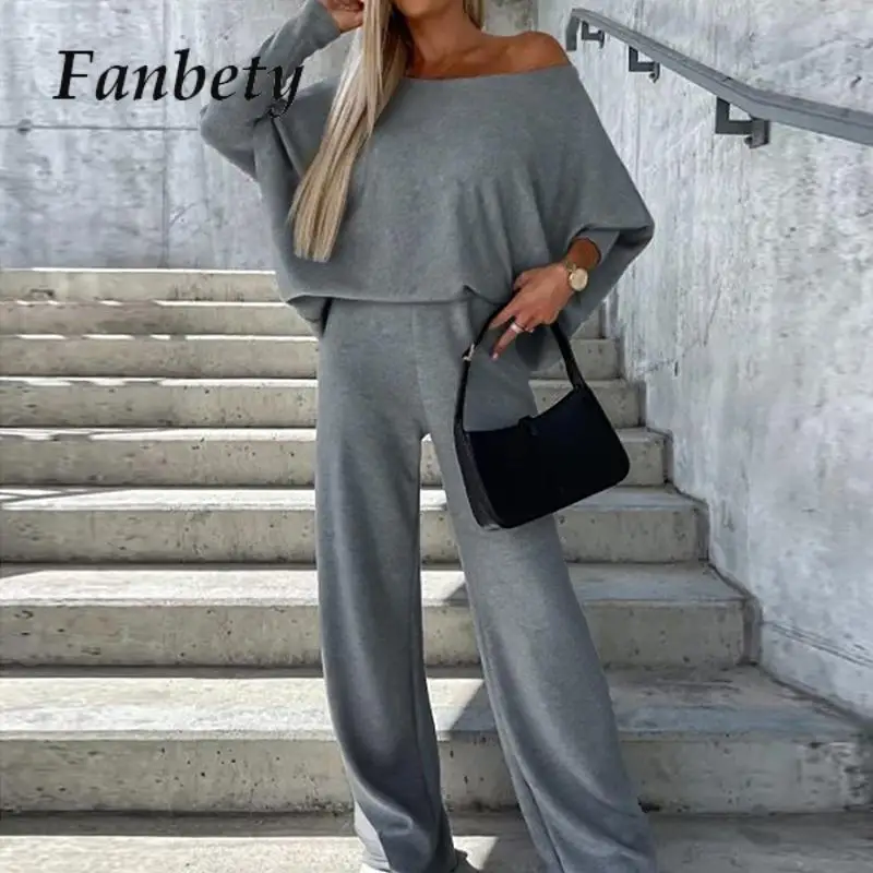 

Осенний элегантный повседневный трикотажный женский спортивный костюм с открытыми плечами, комплект из двух предметов, модный однотонный Свободный Топ и длинные брюки с эластичным поясом, костюмы