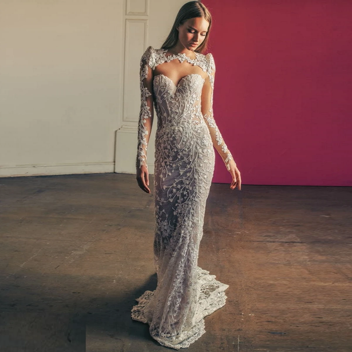 

5Qcenkeren Sweetheart Full Sleeve Floor Length Sweep Train vestido de novias Wedding Dress for Women платье летнее