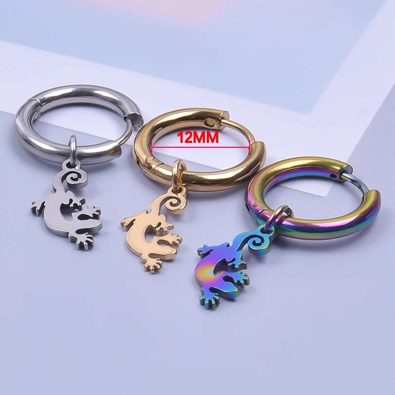 

Piercing Stainless Steel Charms Earrings Animal Gecko For Women Men Jewelry Silver/Gold/Rainbow Color Hoop Boucle Femme Round