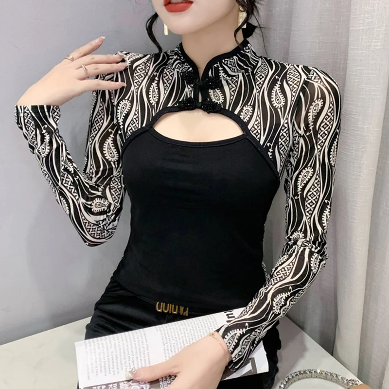 

Женская футболка с длинным рукавом, модная сексуальная Сетчатая футболка в китайском стиле, осень 2022