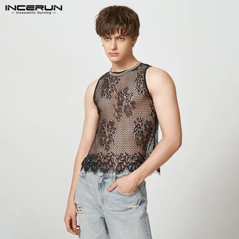 

Party Nightclub Style Tops INCERUN Men's Sexy Comfortable Waistcoat Fashion Lace Hollow Gold Printed Sleeveless Tank Tops S-5XL