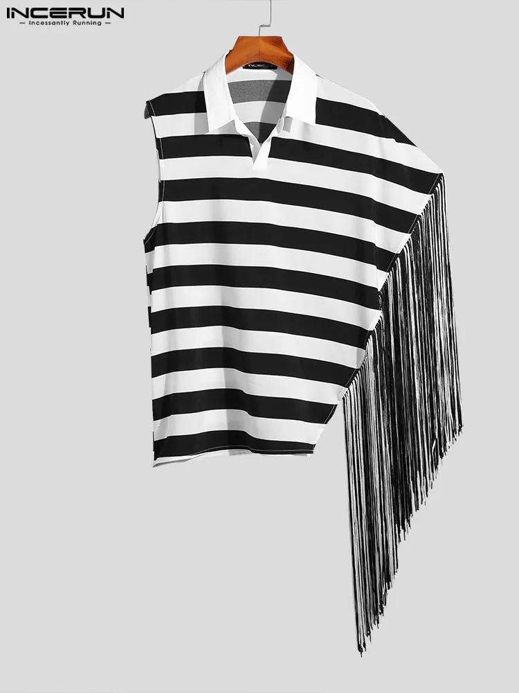 Handsome Well Fitting Tops INCERUN New Men's Black White Fringed Blouse Party Shows Male Irregular Sleeveless Lapel Shirts S-5XL