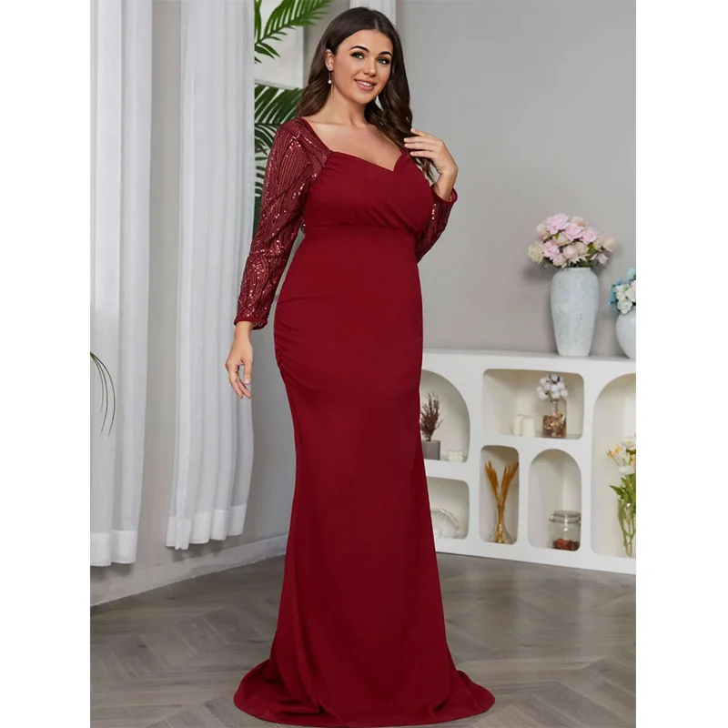 2023 Plus Size V-Neck Luxury Sequins Stretch Mermaid 4xl5xl Long Sleeve Spring And Summer Evening Dress Banquet Party Dresses