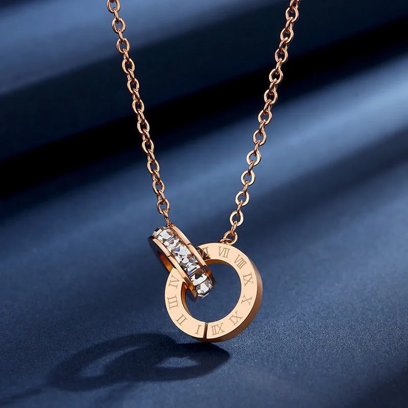 

Кулон из нержавеющей стали 316L с цирконием, классическое ожерелье из розового золота с двойным кольцом и римскими цифрами, Свадебная и вечерняя бижутерия