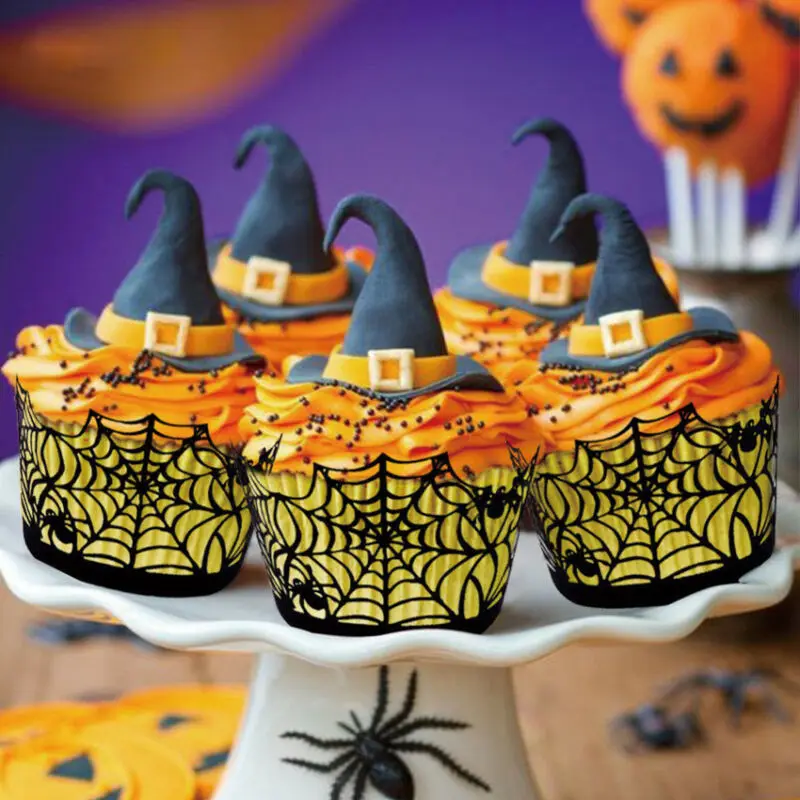 12pcs Halloween Cupcake Topper Wrappers Black Bat Spider Web Castle Ghost Pumpkin Cake Decor Halloween Party Decoration Supplies images - 6