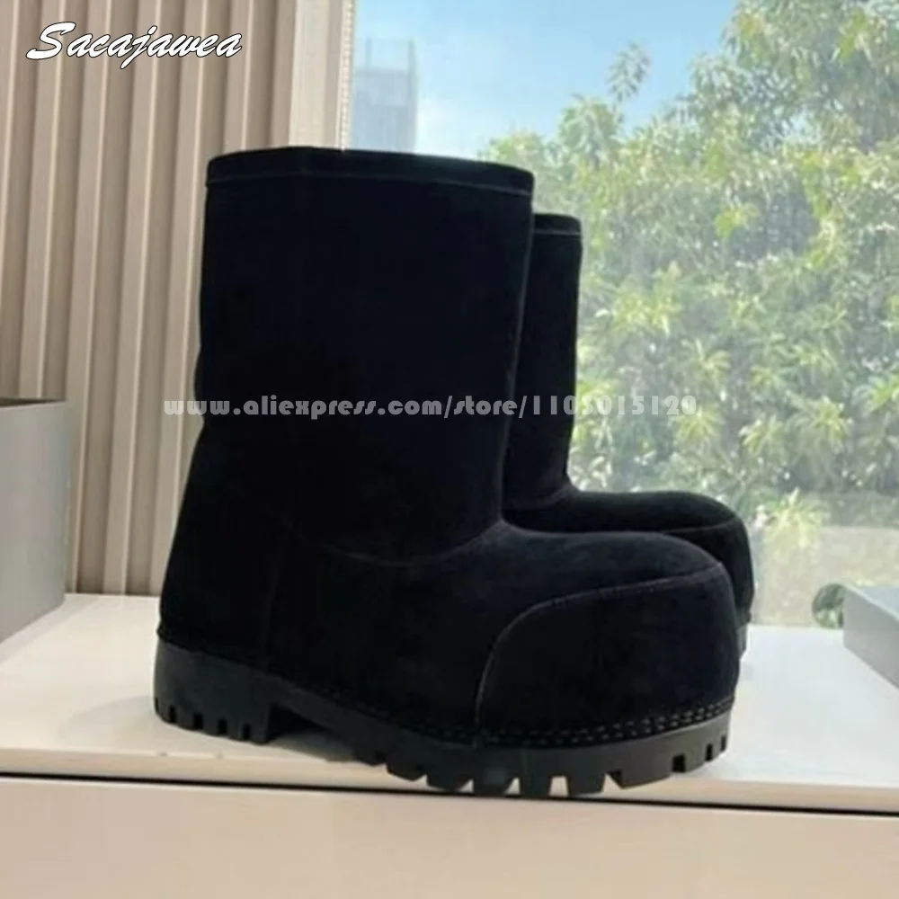Коровья замша овечьи плюшевые однотонные женские зимние ботинки с круглым