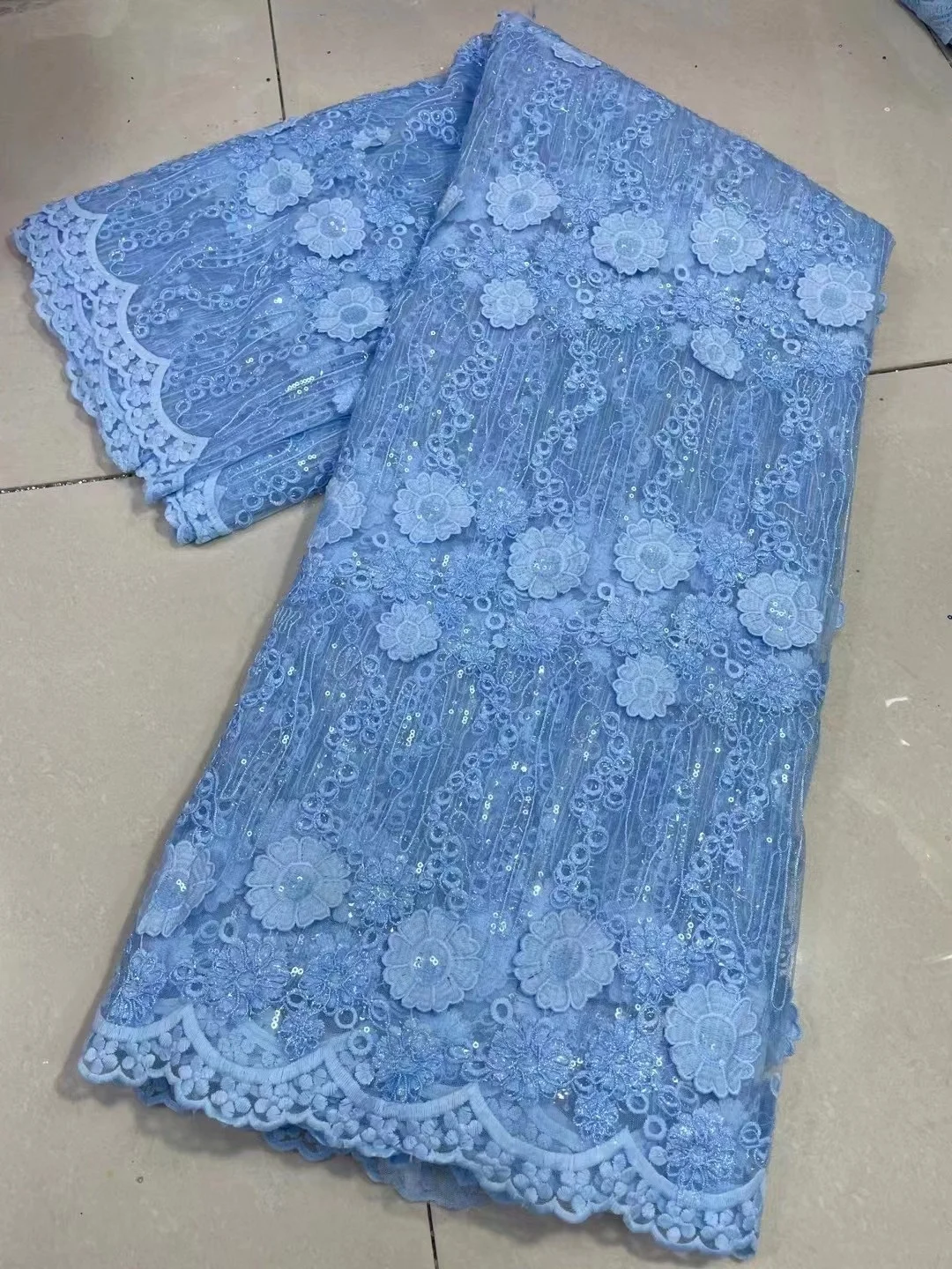 Latest Sky Blue French Sequins Lace Fabric 2022 African 3D Material Lace Fabric Nigerian Embroidery Wed Party Lace Fabric