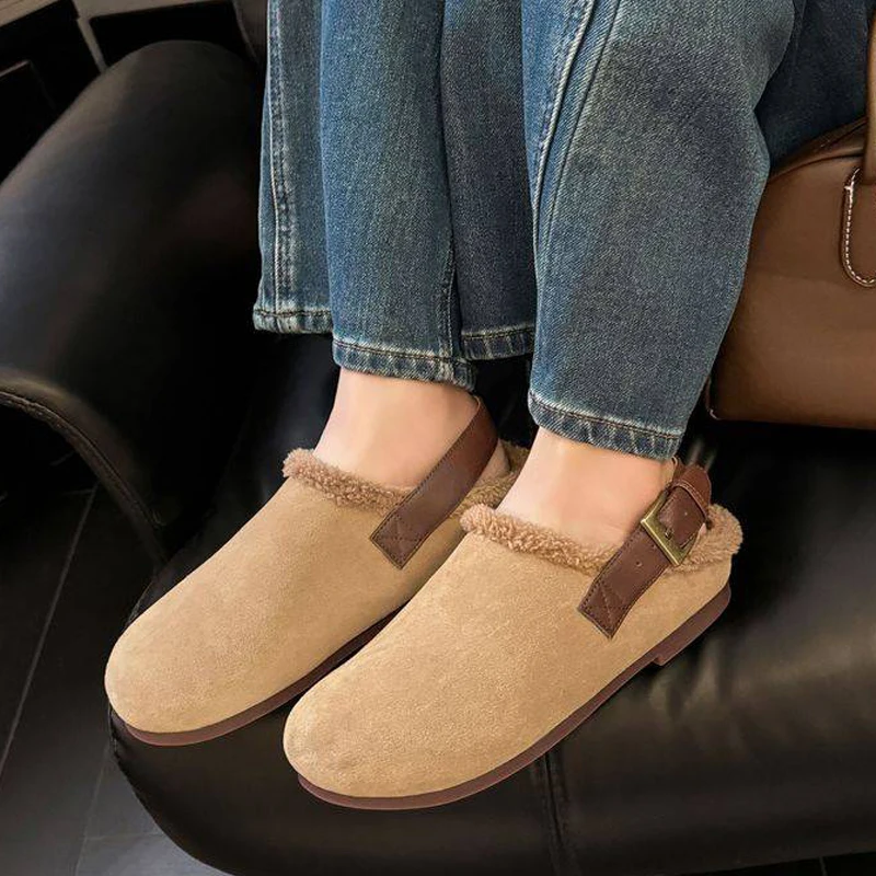 Женские шлепанцы на плоской подошве зимняя обувь из натуральной кожи низком