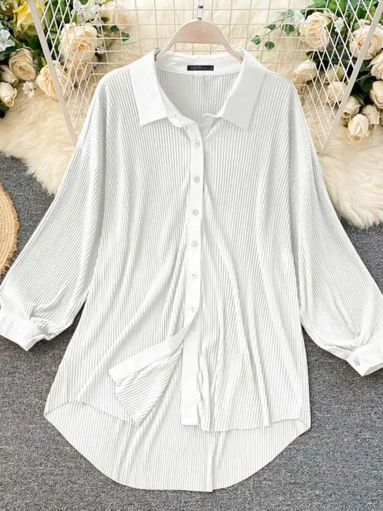 

2022 Casual ZANZEA Women Pleated Bouse Shirt Fashion OL Long Sleeve Top Tunic Oversize Spring Solid Loose Lapel Blusas Chemise 7