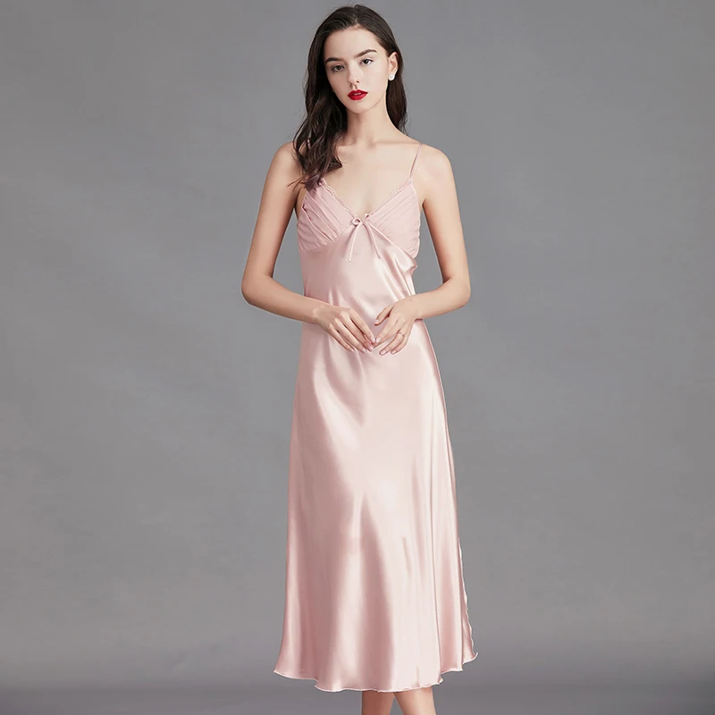 

AIIOU Women Nightgowns Satin Lace Sexy Lingerie V-Neck Long Nightdress Silk Underwear Strap Dress Hot Erotic Dresses Sleepwear