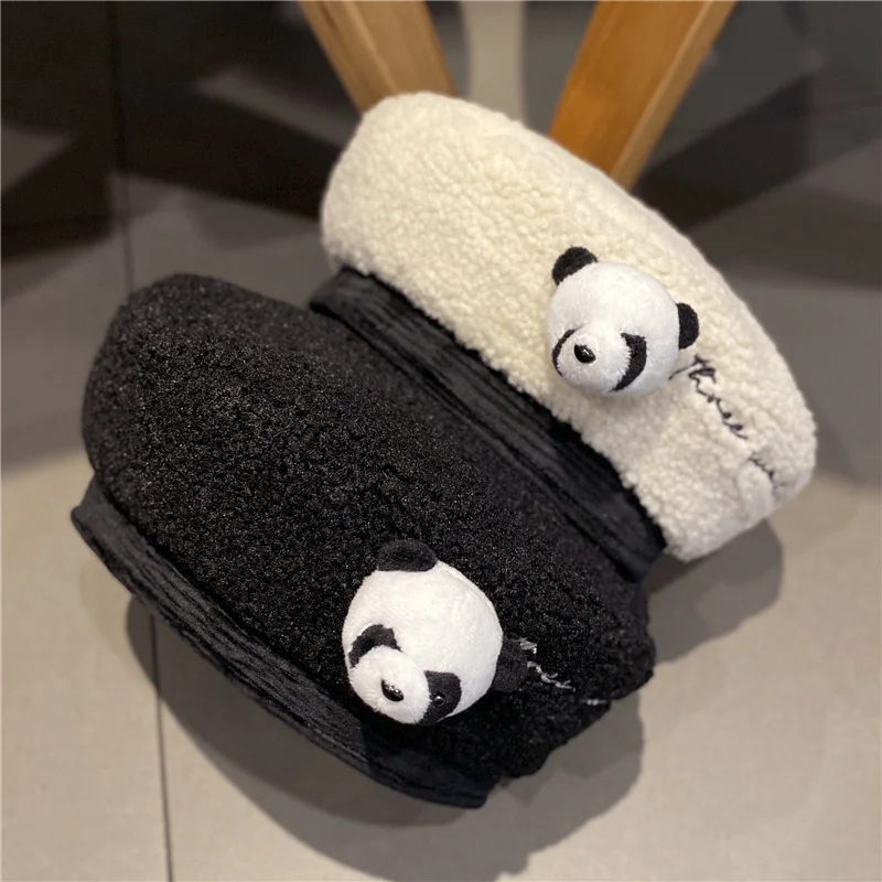 

Осенне-зимний детский берет из шкуры ягненка с вышивкой для подростков, шапка с 3d-рисунком панды художника, теплая Милая шапка, шапочки