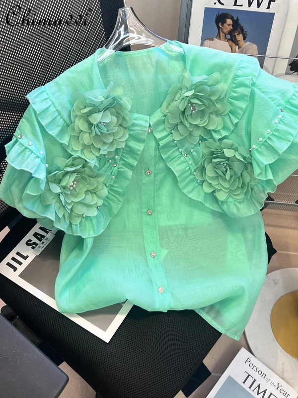 

2022 Summer New Fashion Design Sweet Temperament Shirt Heavy Beads 3D Flower Doll Collar Puff Sleeve Blouse Women's Top