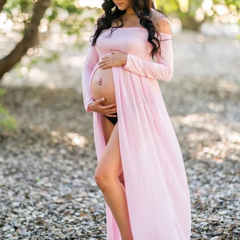 

Платья для беременных для фотосъемки сексуальное шифоновое платье с открытыми плечами и длинным рукавом с разрезом спереди для фотосъемки беременных женщин