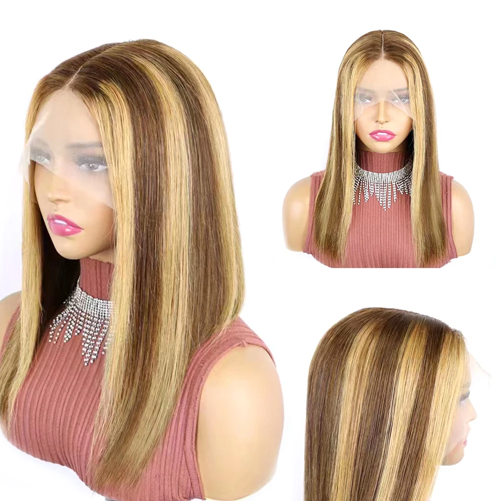 Straight Bob Wig 13X4 Lace Front Wigs for Black Women Brazilian Bob Ombre Highlight Human Hair Wig Pre Plucked with Baby Hair