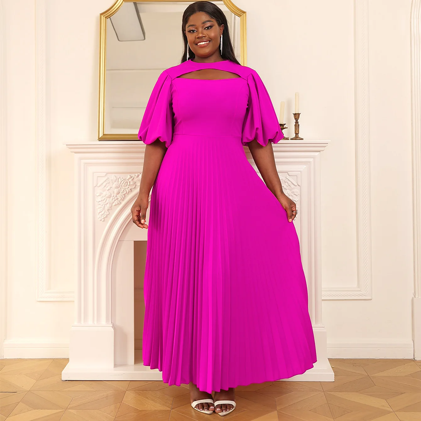 Plus Size Pleated Prom Dress Chubby Women Puff Sleeve Luxury Cloth Female Long Robe 2023 Summer Trendy Elegant Evening Dress