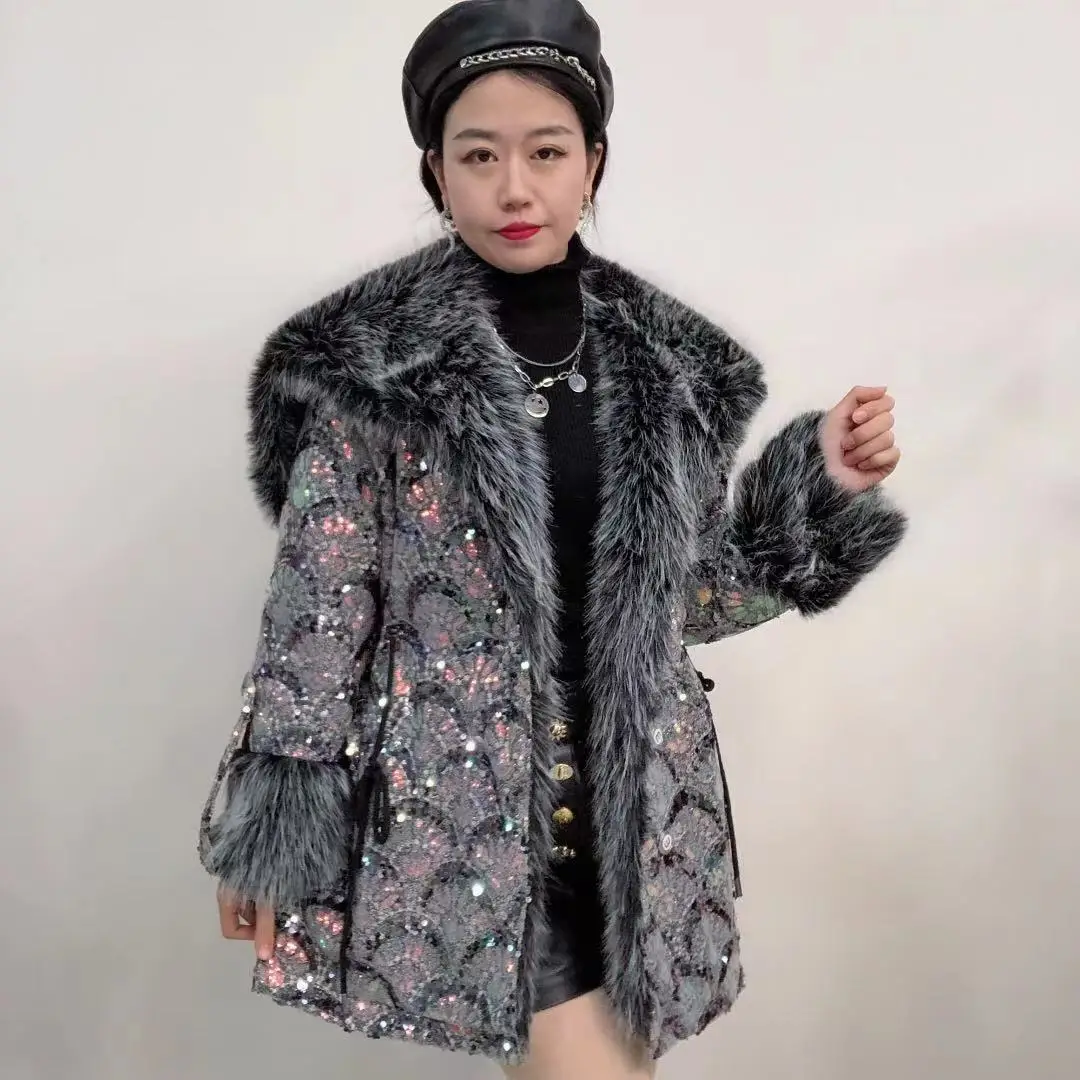 2022 Winter Clothes Fashion Toka Warm Mid-Length Jacket High Waist Slimming Temperament Heavy Sequins Elegant Fur Coat Women