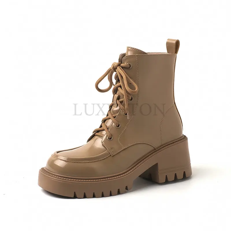 

Women Black Thick Soled Ankle Boots Platform Square High Heel Women and Calf Short Patent PU Leather Round Head Mainland China