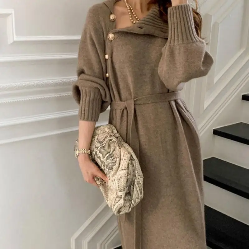 Вязаное платье с высоким воротником женский роскошный стиль длинный свитер