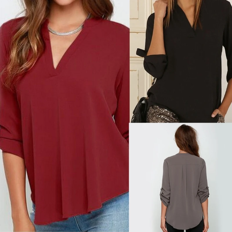 

Cuffed Sleeve Chiffon Shirt Charming Elegant V-neck Casual Blouse Shirt Tops