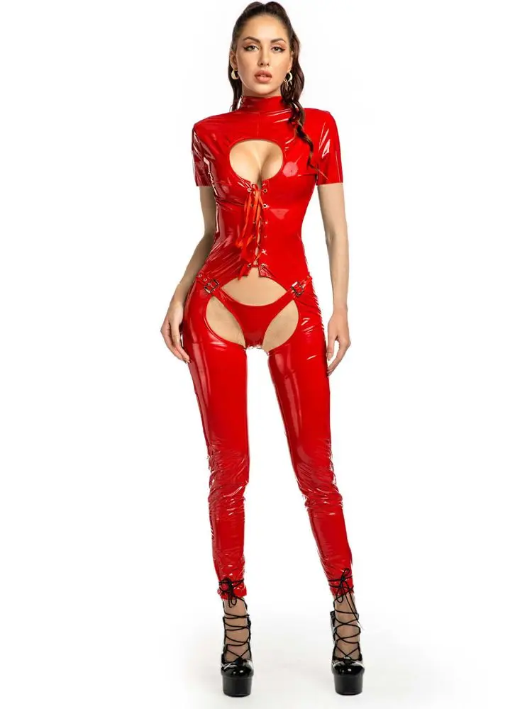 

Short Sleeve Wet Look PVC Catsuit Shiny PU Leather Open Crotch Bodysuit Tight Cosplay Outfit Hot Sexy Clubwear Leotard Conjoined