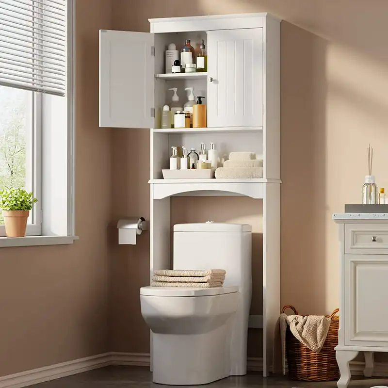 

over the Toilet Storage Cabinet with 1 Adjustable Shelf and Double Doors, Freestanding - White